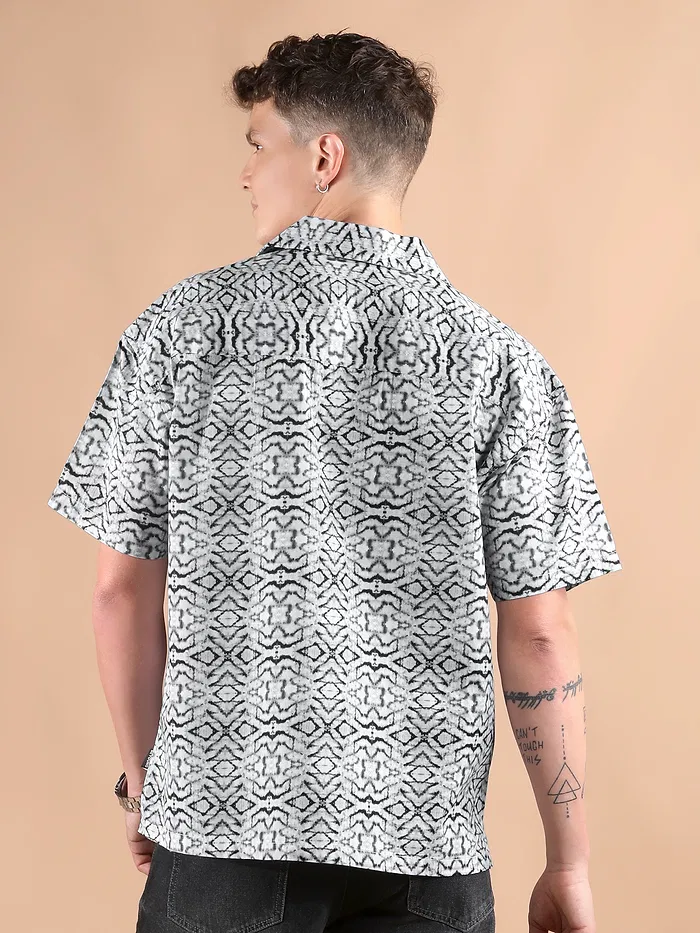 White and Black Printed Cuban Shirt